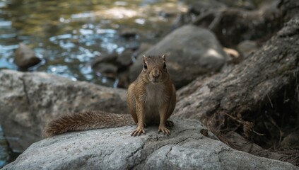 Naklejka premium A squirrel perched on rocks by the riverbank, observing its surroundings, seasonal change