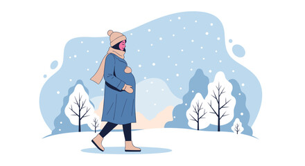 Pregnant woman walking in winter landscape, perfect for maternity and parenting topics, advertisement