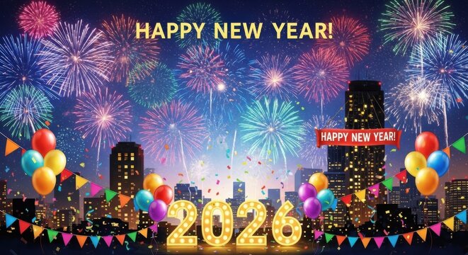Happy new year 2026 cityscape fireworks celebration
