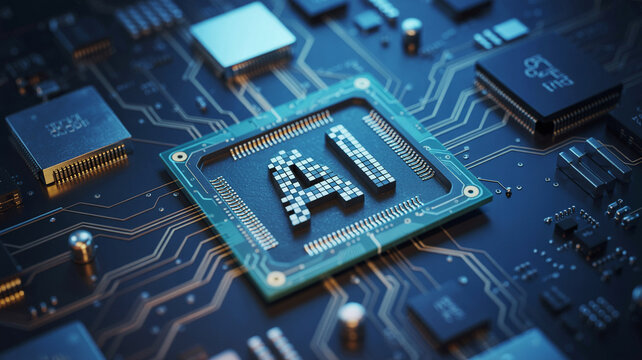 Close up of a circuit board with ai text on the central processor unit on a complex motherboard design