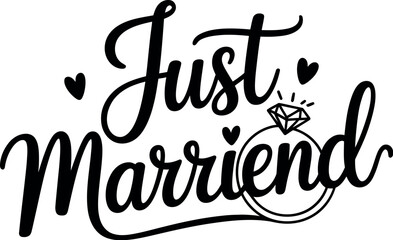 Elegant just married calligraphy design with diamond ring and hearts for wedding celebrations and decorations