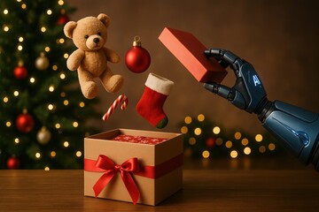 Futuristic AI robotic hand tying red ribbon on Christmas gift box glowing holiday tree in background perfect for smart retail personalization visuals clean layout space for text
