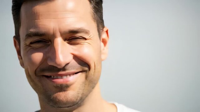 Close-up of a smiling man. The image focuses on the right side of his face
