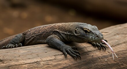 Close-up of a monitor lizard resting on a tree trunk in its natural habitat.