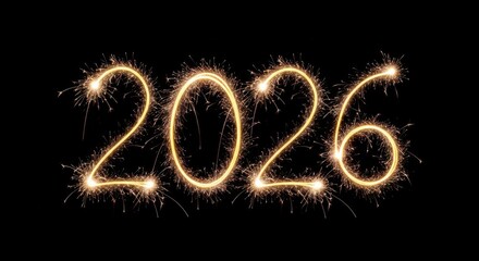 Sparkling 2026 numbers illuminated by fireworks on black background