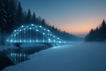 Futuristic bridge made of glowing neural network lines crossing snowy river in winter landscape, minimal AI concept with gradient sky and space for text, innovation and connection