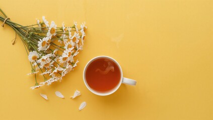 Cup of chamomile tea surrounded by white chamomile flowers on a bright yellow surface. Herbal chamomile infusion concept with overhead perspective and blank space.