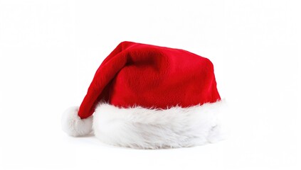 Lone Santa hat in bright red on a plain white backdrop