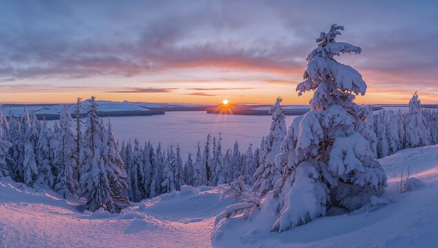 Fototapeta Snowy Winter Landscape During Sunrise in the Arctic Region