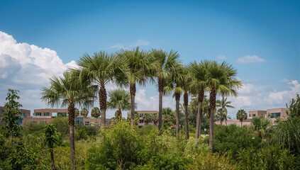 Obraz premium Cluster of palm trees with buildings in the backdrop, summer landscape, urban density