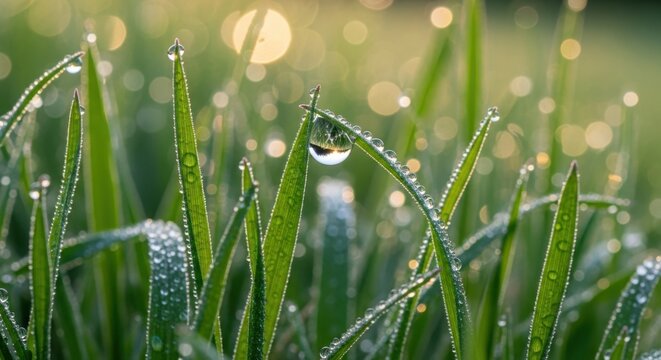 Morning dew drops on blades of grass with soft bokeh lights