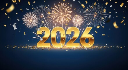 Golden 2026 numbers illuminated by vibrant fireworks and falling confetti