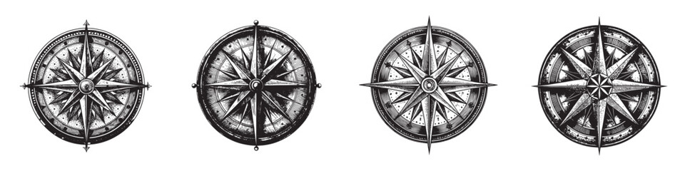Four vintage compass designs showcasing intricate details and classic elegance.