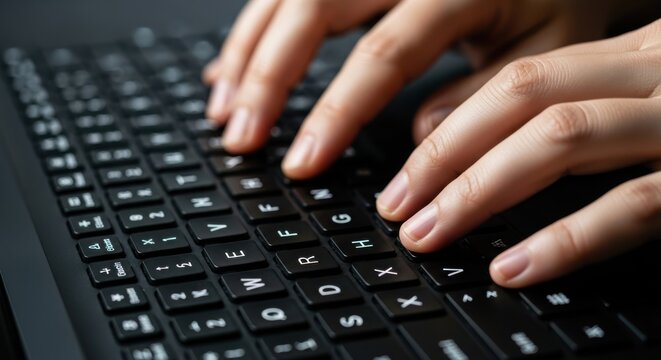 Close up of hands typing on a black computer keyboard - Powered by Adobe