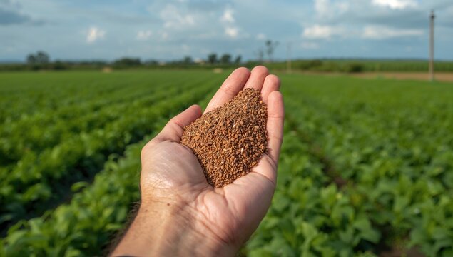 A hand transporting fertilizer granules against a farm background, essential for agricultural growth