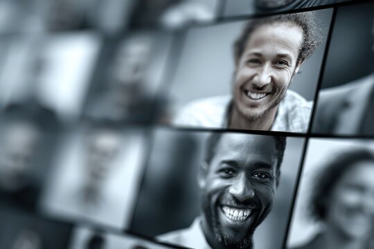 Diverse happy people smiling in a grid on a screen, representing online connection
