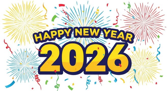 Happy new year 2026 with festive fireworks and confetti