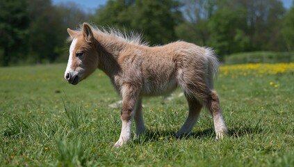 Fototapeta premium Little Shetland pony foal, showcasing playful innocence and exploration