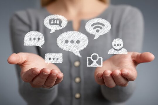 Woman presenting social media connection and communication icons