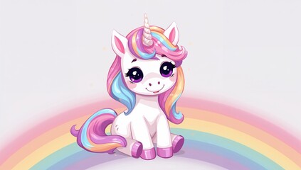 A whimsical unicorn resting atop a vibrant rainbow, a playful illustration suitable for children's themes