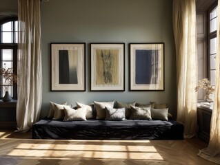 A black couch with three framed paintings on it. The couch is in a room with a tan wall