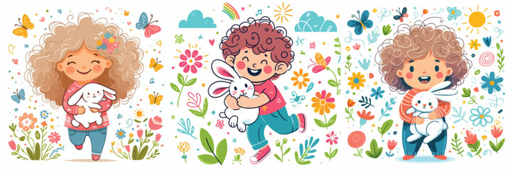Vector image set of a little boy holding a rabbit on a white background