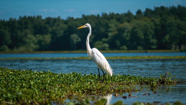 A pale egret standing by a water's edge surrounded by lush plants, aquatic scenery, warm season, wilderness, feathered creature, verdant, dark, azure