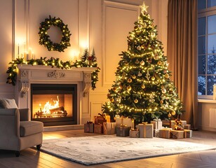 Luxury living room with christmas tree lights high resolution photo