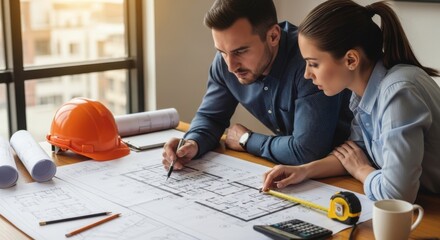 Architects collaborating on blueprints at a desk