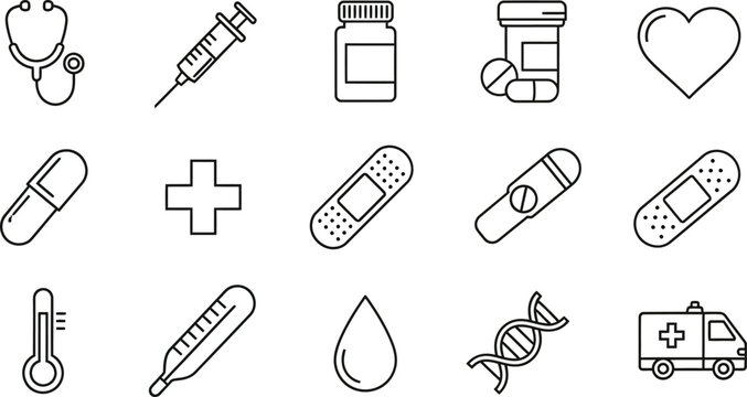 Essential healthcare icons collection for medical designs and wellness promotions showcasing modern medicine, perfect for health blogs or medical websites