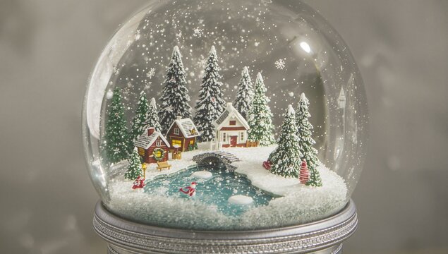 A cozy winter setting enclosed within a classic glass snow globe.
