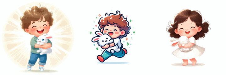 Vector image set of a little boy holding a rabbit on a white background