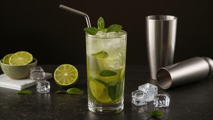 Fototapeta premium Refreshing Mojito Cocktail with Ice Cubes, Lime, and Mint Leaves in a Glass, Accompanied by a Shaker and Metal Straw on a Dark Surface