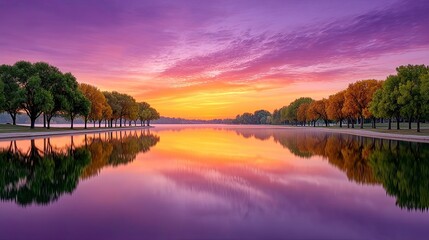 Tranquil Lake Scene at Dusk With a Vibrant Orange and Purple Sky Reflected in the Calm Water Lined by Autumn Trees