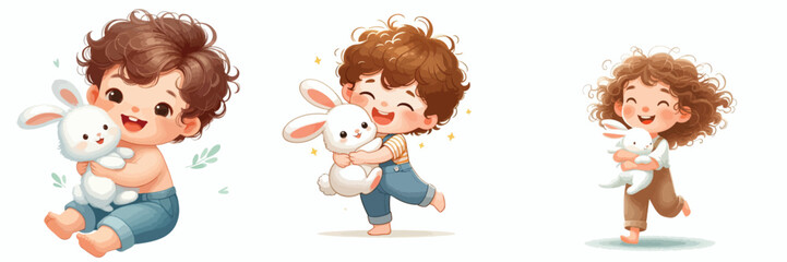 Vector image set of a little boy holding a rabbit on a white background