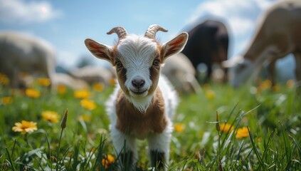 Adorable baby goat enjoying a sunny summer day, playful nature
