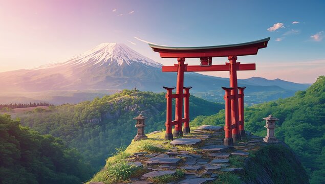 A torii gate overlooking a sloping terrain, seasonal change