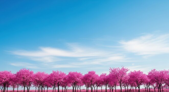 Vibrant pink trees under a vast blue sky with wispy clouds
