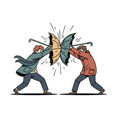 Fototapeta premium Two people playfully clashing umbrellas in a colorful illustration 