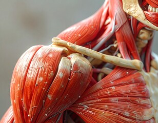 Close-up medical illustration depicting the human shoulder, highlighting muscle and bone structure