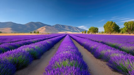 Vast Lavender Field in Full Bloom Under a Clear Blue Sky with Rolling Hills in the Background and Lush Green Trees on the Sides bathed in Bright Sunlight