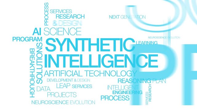 Synthetic intelligence machine Artificial intelligence AI tag cloud blue text white background animation words tagcloud animation video