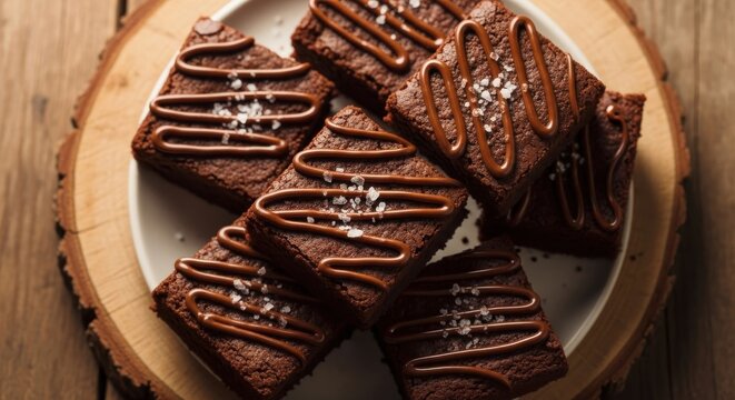 Decadent homemade fudgy chocolate brownies drizzled with salted caramel and sprinkled with coarse sea salt on a rustic wooden platter - Powered by Adobe