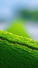 Macro close-up of vibrant green moss growing on cracked tree bark with soft blurred background and bright natural lighting