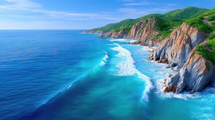 Rugged Coastal Cliffs Meet the Ocean With Turquoise Water and White Waves Under a Clear Blue Sky With Green Hills