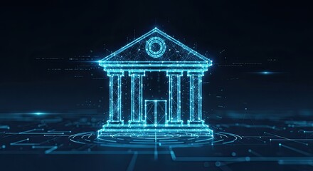 Futuristic digital bank building symbolizing secure online finance and investment, modern technology for financial transactions and digital assets on blockchain