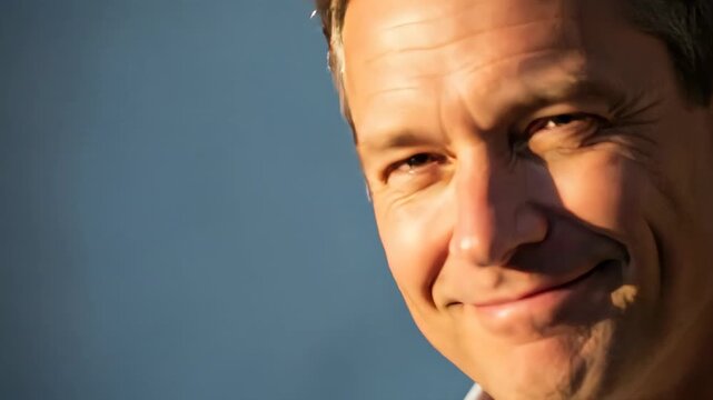 A close-up of a smiling man's face, bathed in sunlight. Partial portrait against a blue backdrop