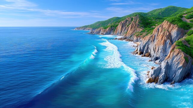 Rugged Coastal Cliffs Meet the Ocean With Turquoise Water and White Waves Under a Clear Blue Sky With Green Hills