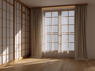 Fototapeta premium A room with a window and curtains. The curtains are white and the window is open. The room is empty