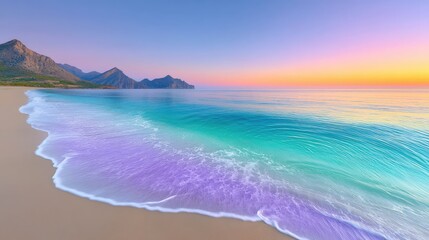 Serene Coastal Sunset with Soft Waves Lapping at a Sandy Beach with Distant Mountains and a Clear Horizon Reflecting Warm Hues of Orange Pink and Blue Sky